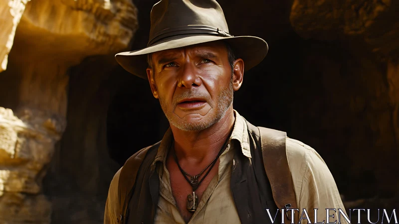 Weathered desert explorer stands alert at cavern entrance