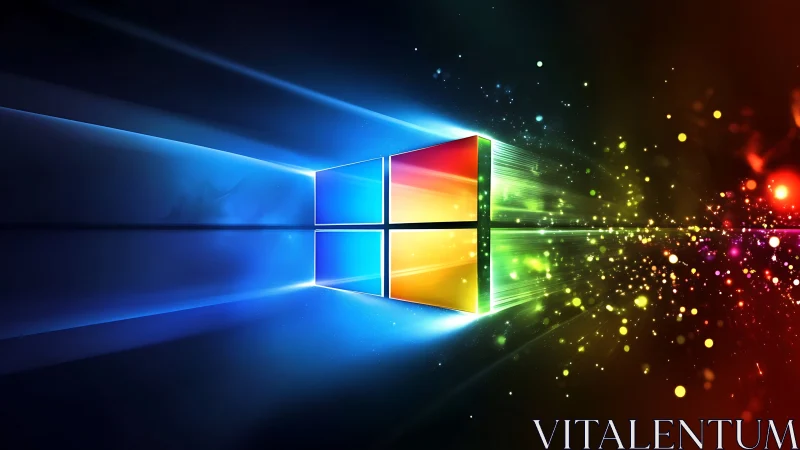 Windows logo with abstract multicolor light streak effects.
