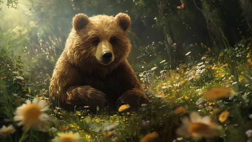 Gentle brown bear rests peacefully in a sunlit wildflower meadow.