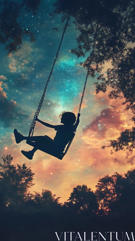 Child silhouette on swing against cosmic twilight sky.