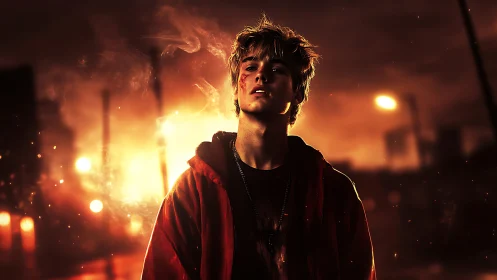 Youth figure in red jacket before blazing urban backdrop.