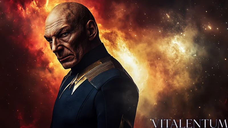 Stern bald officer against vivid cosmic nebula backdrop.