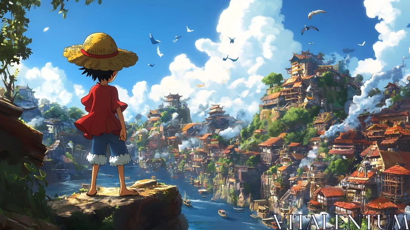 Straw-hat boy surveys dense riverside cliff city in bright daylight