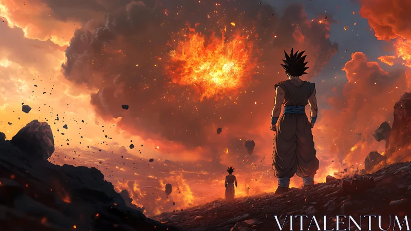 Saiyan silhouettes under apocalyptic emberstorm sky.