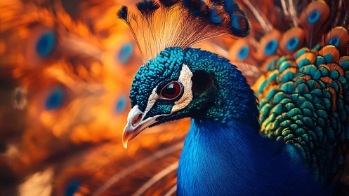 Vibrant close-up of peacock with iridescent feathers in vivid light.