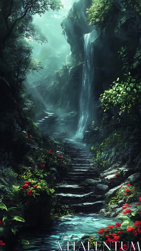 Misty forest waterfall descends along stone creek path