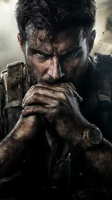 Battle-worn soldier contemplates in gritty dramatic close-up.