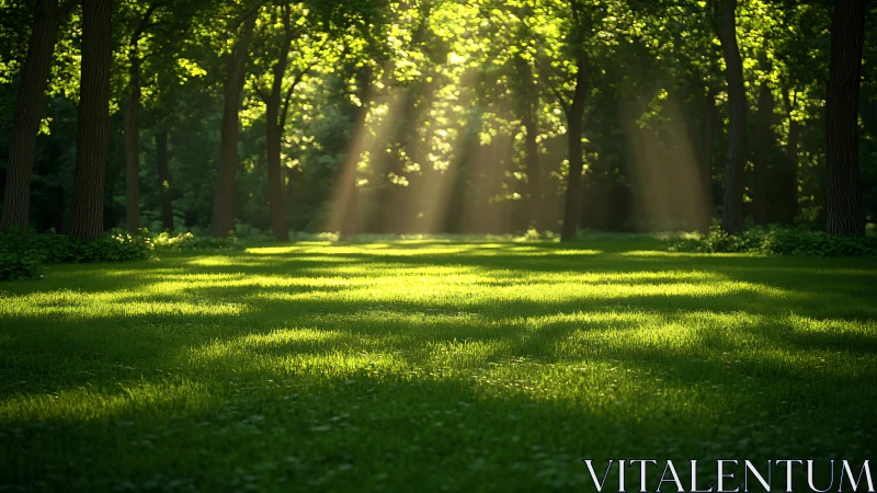 Sunlit forest clearing with green grass and tall trees.