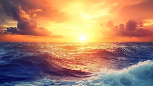 Sunlit waves and painted clouds on a glowing ocean horizon.