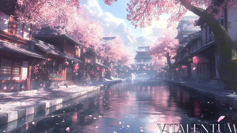 Cherry blossoms line quiet canal between traditional houses