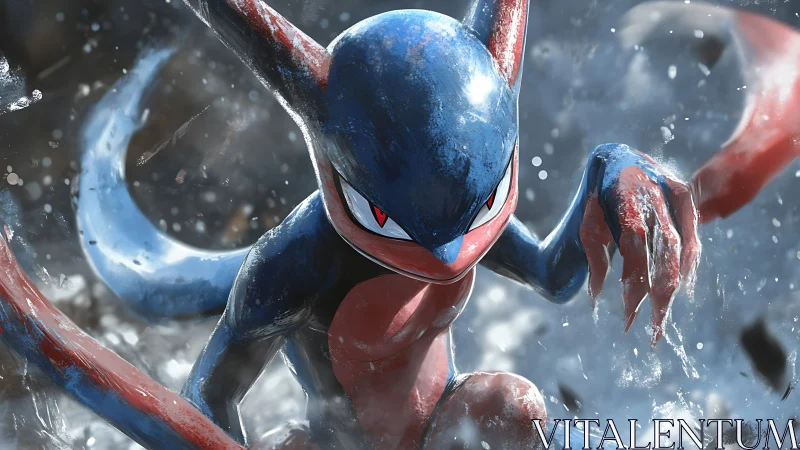 Ninja frog creature lunges through splashing icy water.