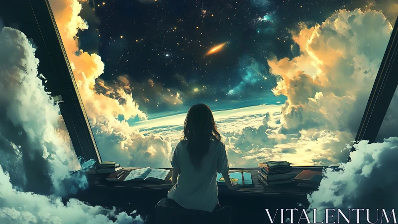 Solitary reader at window overlooking clouds and stars.