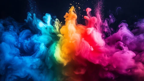 Colorful swirling ink clouds against dark studio background.