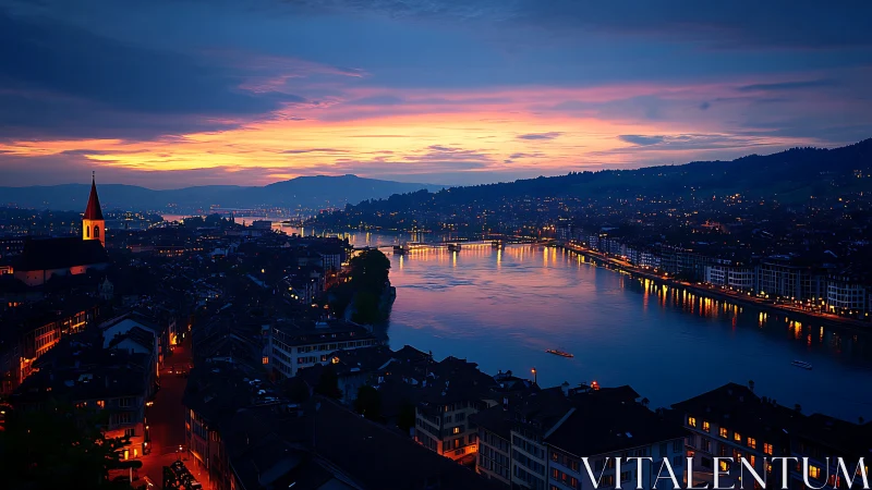 Twilight river city panorama under vivid cobalt skies.