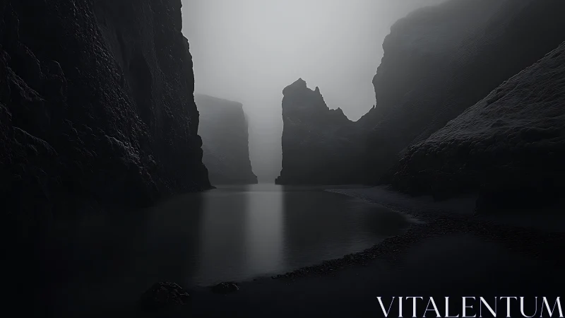 Monolithic sea stacks in fog rendered as moody photorealism