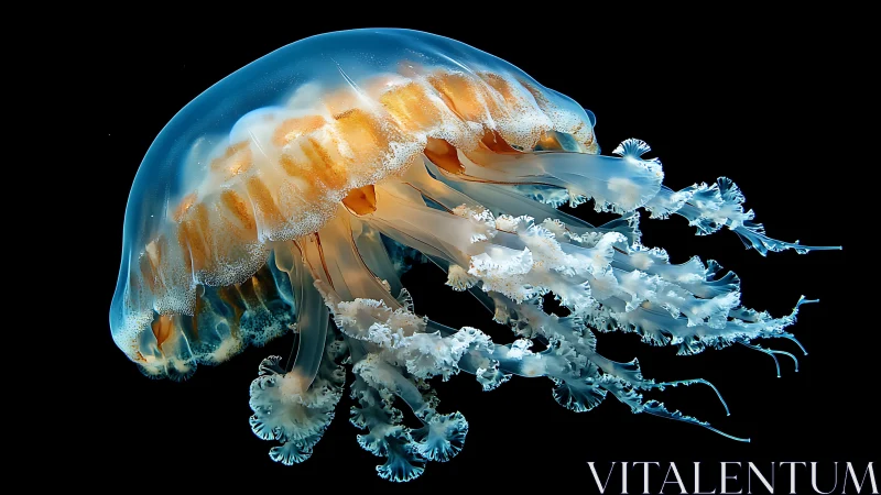 Transparent jellyfish profile against uniform black marine background.