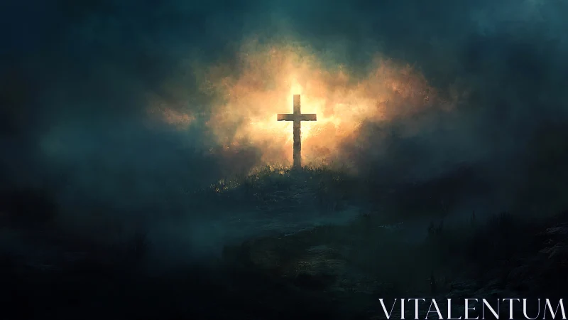 Lone radiant cross burning through storm-darkened twilight sky.