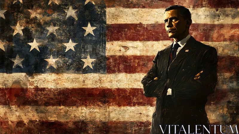 Textured presidential silhouette against distressed US flag field.