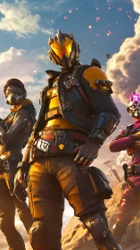 Neon-helmed space raiders claim a burning skyfront horizon.