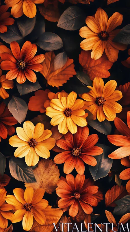 Orange daisy flowers with dark foliage arranged on black background