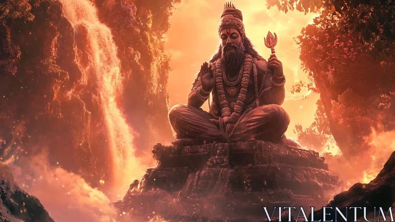 Digital painting of meditative deity amid cascading falls.