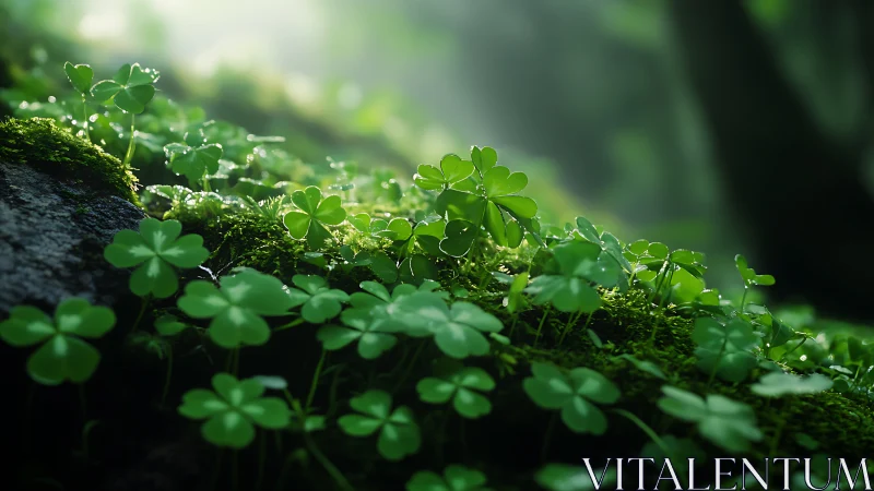 Sunlit forest clovers resting on a mossy green hillside.