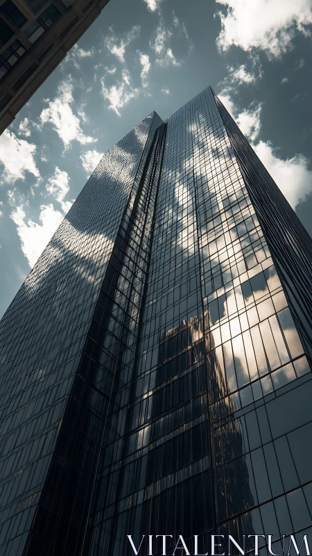 Glass skyscraper reflects drifting clouds in dramatic low angle