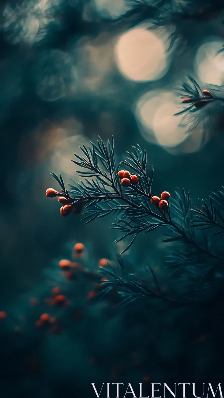 Teal fir needles cradle vivid orange berries in bokeh glow.