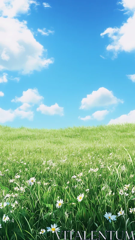 High-resolution spring meadow panorama under clear cumulus sky