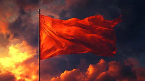 Wind-torn red flag rendered against volumetric storm clouds