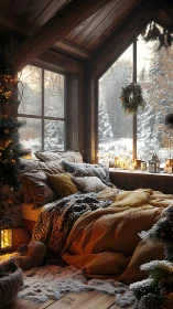 Snow-dusted winter bed nook glowing with candlelit calm.