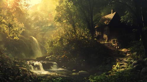 Sunlit forest waterfall frames stone stairway and cabin