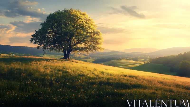 Solitary oak crowns sunlit hillside under warm sunset glow.