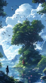 Riverside landscape with distant figures and tree canopy.