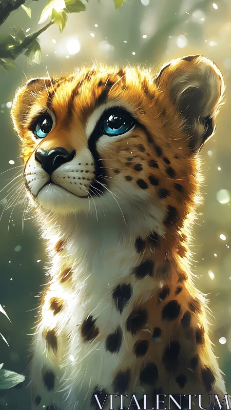 Young cheetah cub gazes upward in soft backlit forest