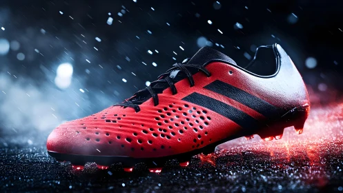 Striking red and black soccer cleat in dramatic rain-lit setting.