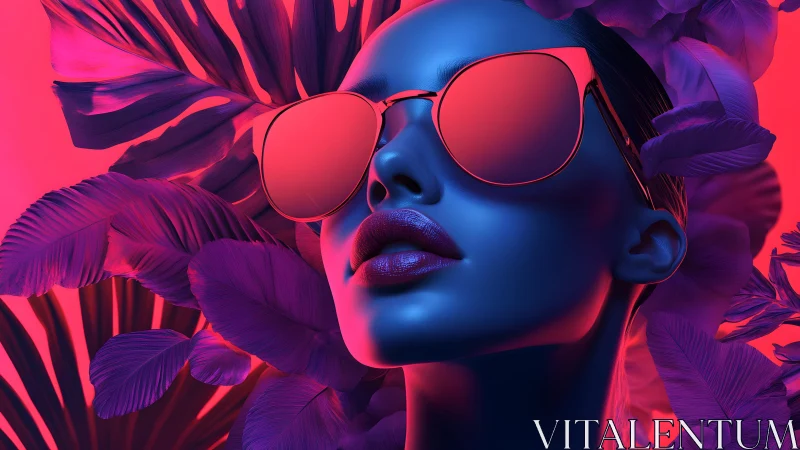 Futuristic woman in neon sunglasses amid tropical leaves, digital art.