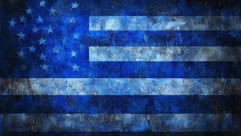 Grunge-textured monochrome US flag in blue tonal abstraction.