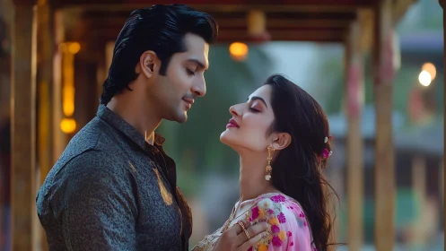 Intimate Portrait: South Asian Couple in Evening Ambiance.