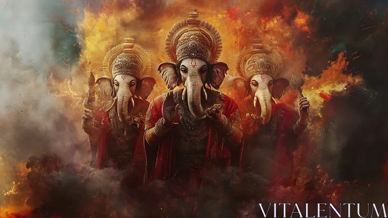 Divine Ganesha forms emerge from swirling cosmic fire