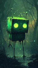 Glowing cube robot wanders bioluminescent swamp night.