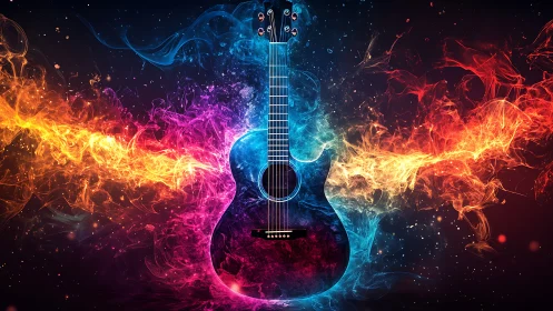 Acoustic guitar with dual colored flame patterns in void.