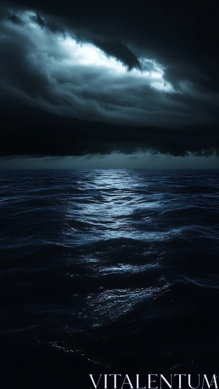 Photorealistic nocturne seascape under storm-lit horizon sky.