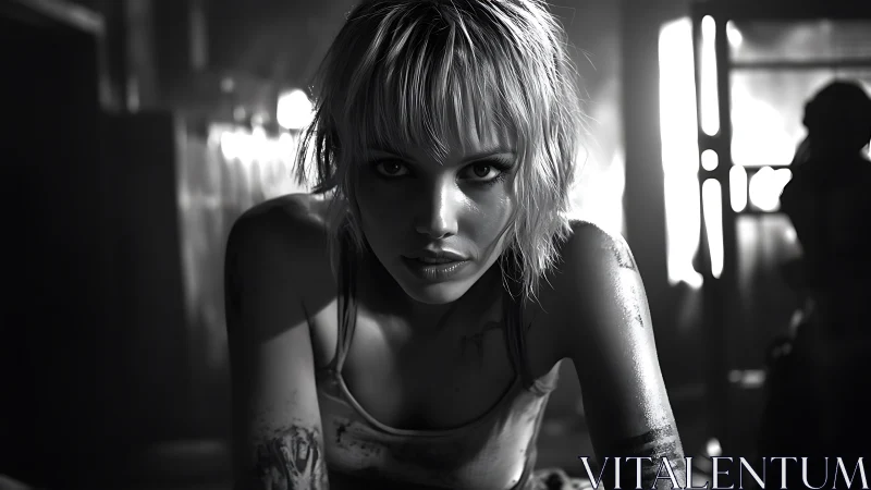 High-contrast monochrome portrait isolates intense forward gaze