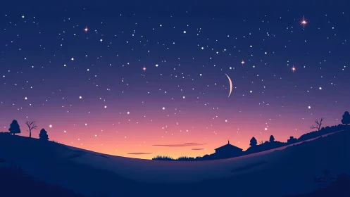 Crescent hush over violet hills and a star-dusted twilight sky.
