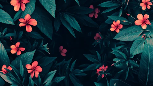 Coral Hibiscus Flowers with Teal Foliage on Dark Background Composition