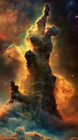 Towering cosmic nebula glows in vivid orange and teal light