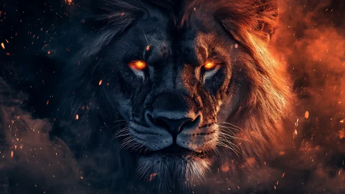 Fierce ember-eyed lion emerging through swirling fire and smoke.