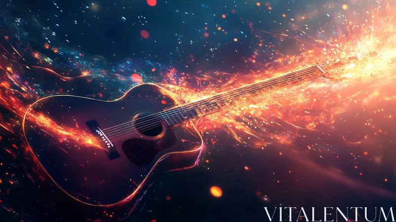 Fiery acoustic guitar streaks through glowing cosmic sparks.