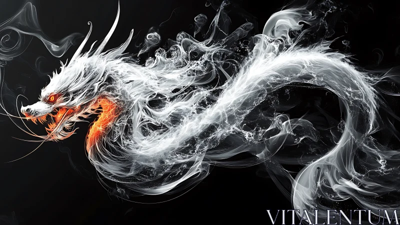 Smoke-born dragon coils in flame-lit storm of white fire.